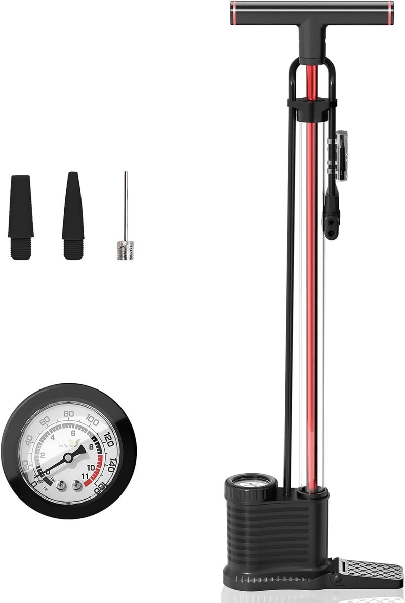 Veltuno Bike Pump with Transparent Cylinder & Precision Gauge, 160 PSI Bicycle Tire Pump for Presta & Schrader Valves - Fast, Effortless Bike Floor Pump for Car, Bike, E-Bike, Ball, Balloon - Image 1